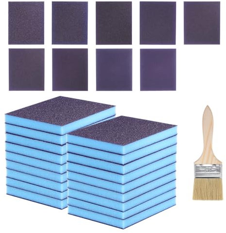 HARFINGTON Schleifschwämme, Körnung 120–2000, 100 x 120 mm, waschbar, wiederverwendbar, doppelseitig, mit Holzpinsel, für Holz, Trockenbau, Metall, Möbelpolieren, Blau, 19 Stück