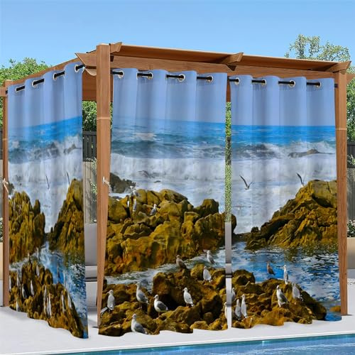 Linfye Outdoor Vorhang Wetterfest, Blau Outdoor Vorhänge Wasserdicht mit Ösen Riffmöwe Sichtschutz Outdoor Gardinen für Draussen Terrasse Balkon Pavillon Garten Pergola 2er Set B 132 x H 213 cm