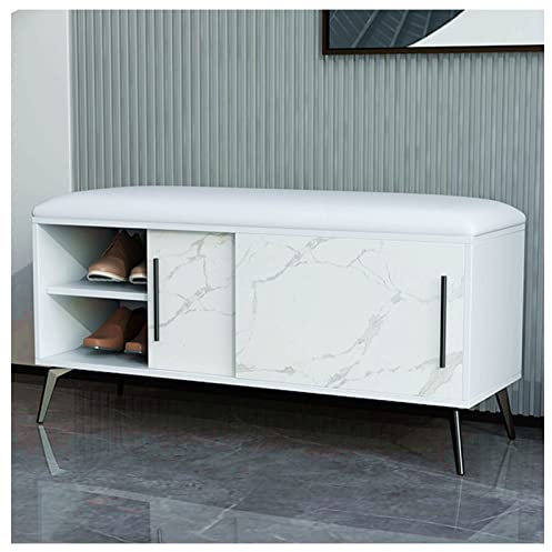 Shoe rack Marble Metal Shoe Cabinet Bench End of Bed Storage Bench with PU Leather Shoe Stool Navy Blue 60 x 35 x 45 cm (24 x 14 x 18 inches)