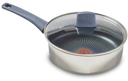 T-fal Essentials Edelstahl-Sautépfanne mit Antihaftbeschichtung und Glasdeckel, 3,5 Quart, alle Herdarten einschließlich Induktion, ofenfest 100 °C, Hitzeindikator, Messmarkierungen, spülmaschinenfest