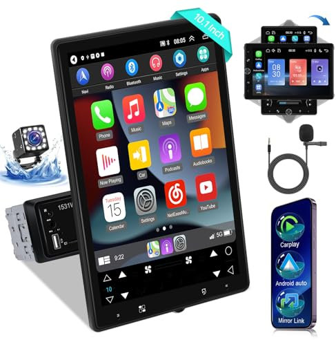 Radio 1 DIN con Pantalla con Inalámbricas Carplay & Android Auto - 10,4 Pulgadas Pantalla Táctil Giratoria de Autoradio con Enlace Espejo, Radio FM, Entrada USB/AUX/SD + Cámara de Marcha Atrás