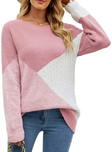 NLAND Pull Femmes Automne Hiver Manches Longues Pullover Mode Pullover Col Rond Hauts Hiver Couleur Patchwork Pull Tricoté Couleur Sweatshirt(Rose,L)