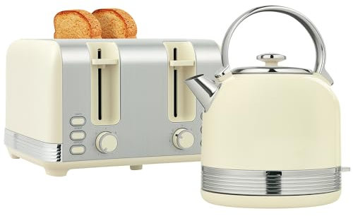 HOMCOM Kettle and Toaster Set, 1.7L 3000W Cordless Fast Boil Kettle, Stainless Steel 4 Slice Toaster Kitchen Set with 7 Level Browning Controls, Defrost, Reheat and Crumb Tray, Cream White