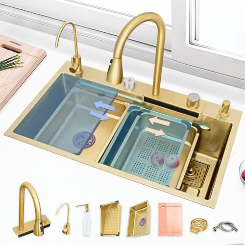 Fregadero Cocina 68x45cm, Fregadero De Acero Inoxidable 1 Seno, Fregadero Cascada Multifuncional, Fregadero Grande Sobre Encimera Con Accesorios Incluidos, Fregadero De Cocina Moderno(Gold-a,80cm)