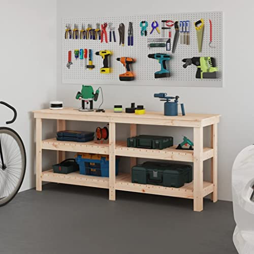Werkbank aus Holz, Arbeitstisch mit Ablagen, Hobelbank, Montagetisch für Garage, Werkstatt und Schuppen, 181 x 50 x 80 cm, Massivholz Kiefer