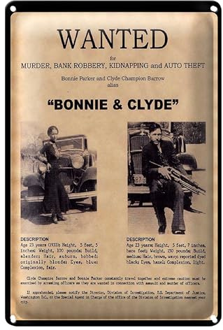 Vintage Blechschild | WANTED Poster | Bonnie & Clyde | Retro Deko | 30 cm x 40 cm