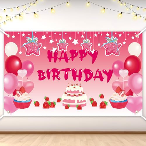 lasuroa Pancarta de Cumpleaños Fresa, 180x110cm Decoración Fiesta Temática con Cinta Cuerda Cartel Jardín Telón de Fondo para Interior Exterior Celebración Foto