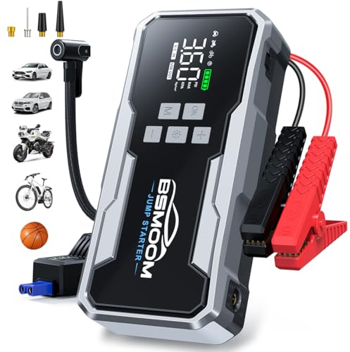 BSMOOM Arrancador de Baterias de Coche, 7000A Arrancador de Coches con Compresor de Aire (para All de Gasolina o 10L de Diesel), 160 PSI Inflador, Linterna LED de Emergencia