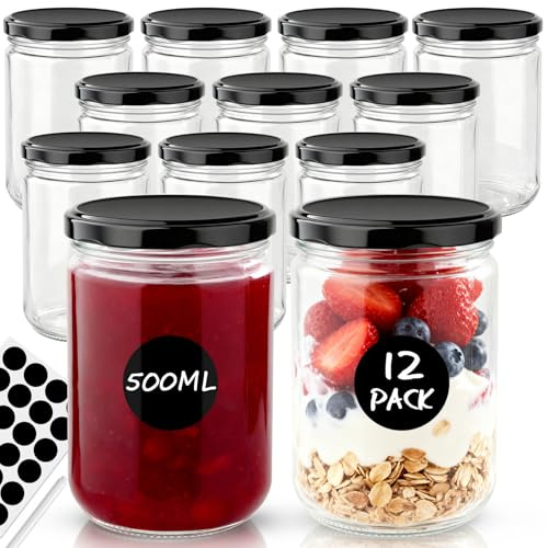 Otauoaea 12 Stück Marmeladengläser Klein, Einmachgläser 500ml mit Schraubdeckel, luftdichte Overnight Oats Jars Gläser mit deckel Vorratsgläser für Lebensmittel für Marmelade, Joghurt, Honig, Gurken