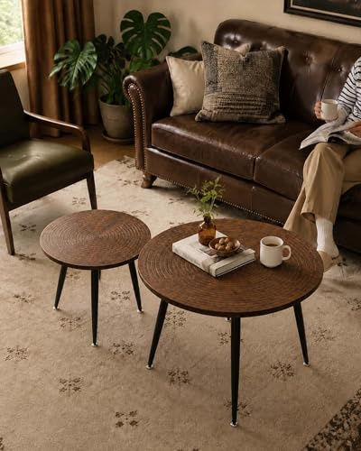 Amveya Couchtisch Rund Holz 2er Set, Beistelltisch Couch, Wohnzimmertisch Rund mit schwarzen Tischbeinen, Textur der Baumringe Coffee Table Living Room mit Metallfüßen