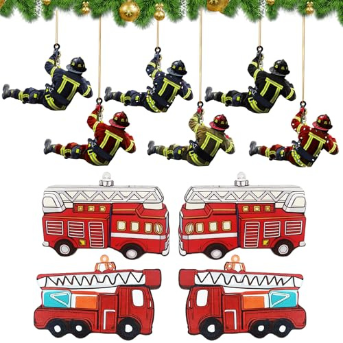 10-teilig Acryl Feuerwehr Weihnachtsbaumschmuck Set, Flacher Christbaumschmuck Weihnachtsbaum Schmuck, 6 Feuerwehrmann & 4 Feuerwehrauto Weihnachtsanhänger für Tannenbaum, Fenster, Tür, Girlande