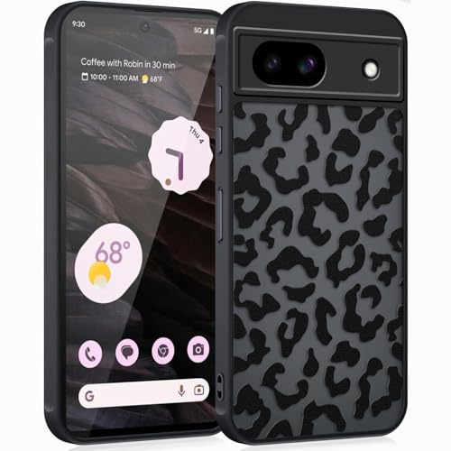 Coqinen Case for Google Pixel 7A, Translucent Matte Silicone Case with Aesthetic Leopard Pattern, Minimalist PC Hard Back Cover Anti-Scratch + TPU Bumper Shockproof – Black