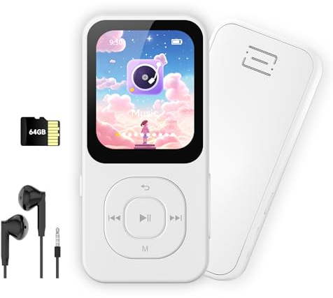 64GB MP3-Player mit Bluetooth 5.3, PECSU HD-Bildschirm Musikplayer mit Lautsprecher, UKW-Radio, Sprachrekorder, HiFi-Klang, E-Book, Inklusive Kopfhörer (Weiß)