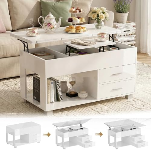 AYAYM Lift Up Coffee Table Folding Lift Top Coffee Table High Gloss Table with Hidden Storage Drawer and Open Shelf 4-in-1 Convertible Table with Storage Space for Home Living Room Office White