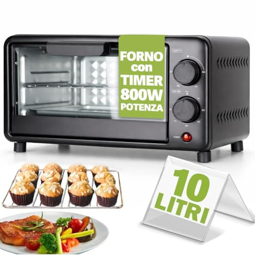 Bakaji Forno Fornetto Elettrico Capacità 10 litri Potenza 800W Temperatura Regolabile fino a 230°, Multi Funzione Elenti Riscaldanti in Acciaio Funzione Timer (10 Litri)