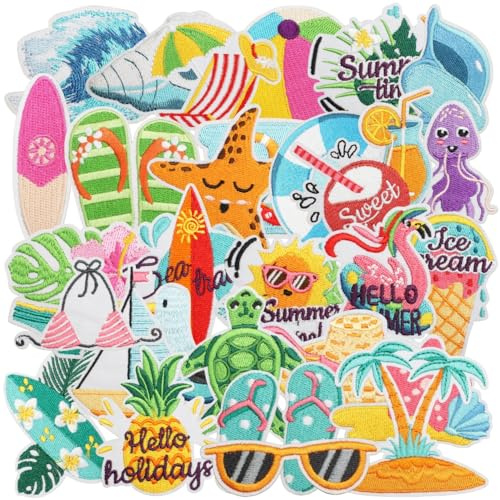 Lot de 30 écussons thermocollants sur le thème de la plage d'été - Créatures marines - Écusson brodé à repasser ou à coudre - Décoration tropicale pour t-shirt, vêtements, sacs à dos, vestes, sacs