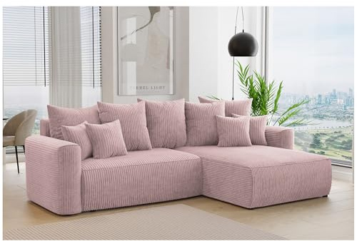 MEBLINI Schlafcouch mit Bettkasten - 260x160x78cm - Altrosa Cordstoff - Bali - Kleines Ecksofa mit Schlaffunktion - Sofa mit Relaxfunktion und Kissen - Kleine Couch L-Form - Eckcouch