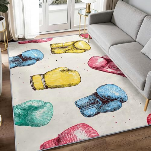 WHUOEUCO Teppich Wohnzimmer Bunte Boxhandschuhe 140x200cm Modern Kurzflor Anti-Rutsch Teppiche, für Schlafzimmer, Raumdekoration, Weiche Flauschiger Teppich