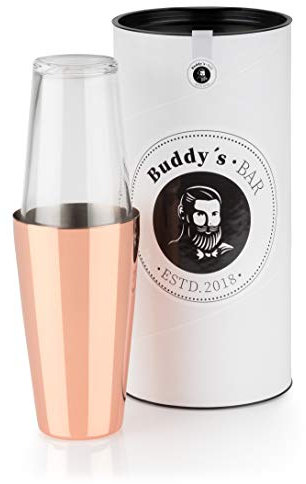 Buddy's Bar - Coctelera Boston, coctelera de acero inoxidable de 700ml en cobre brillante + vaso 400ml, apta para alimentos, coctelera elegante con caja de regalo inclusiva