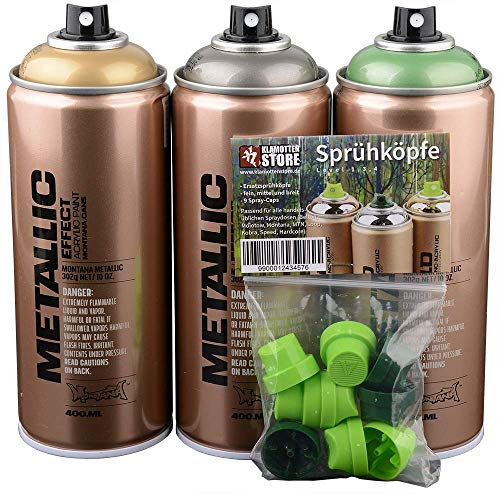 Montana Gold Metallic Effect Spray Antrazitgrau Avocadogrün 3x400ml Sprayfarben für Hobby Handwerk und Dekoration KFZ + Ersatzsprühköpfe