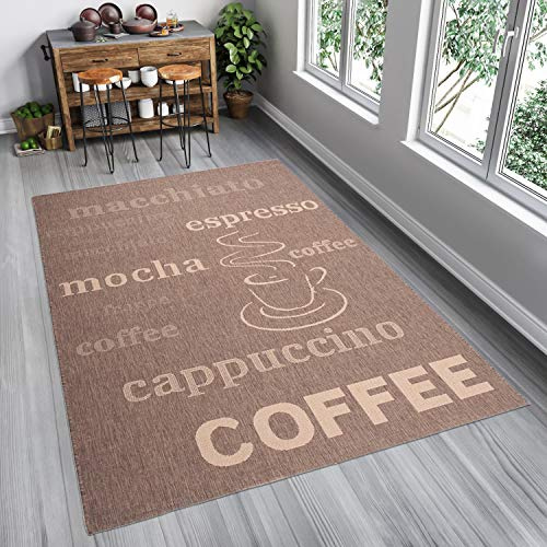 TAPISO Floorlux Teppich Küchenteppich Kurzflor Sisal Optik Flachgewebe Braun Beige Schrift Coffee Buchstaben Modern Design Wohnzimmer Küche Flur 200 x 290 cm
