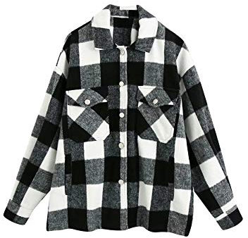 YMING Femme Carreaux Chemise De Bûcheron Avec Poches Poitrine Chemisier à Manches Longues Chemisier De Loisirs Boyfriend Noir M