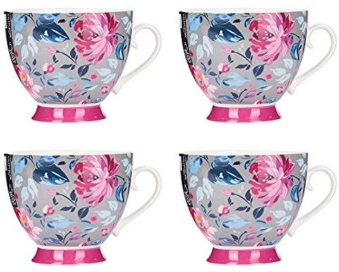 KitchenCraft China 'Grey Floral' Footed Flower-Patterned Mugs, Tea or Coffee Cups, Microwave and Dishwasher Safe, 400 ml - Grey / Pink (Set of 4)