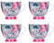 KitchenCraft China 'Grey Floral' Footed Flower-Patterned Mugs, Tea or Coffee Cups, Microwave and Dishwasher Safe, 400 ml - Grey / Pink (Set of 4)