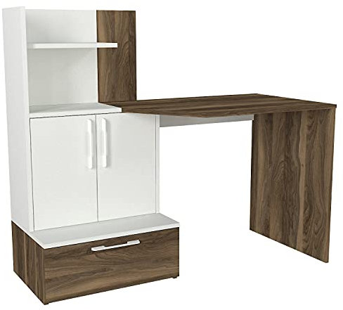 moebel17 6368 Padora Schreibtisch Computertisch Arbeitstisch Bürotisch Laptoptisch PC Tisch Kinderschreibtisch, Holz, Walnuss Weiß, mit Regal, viel Stauraum, 131 x 115 x 60 cm cm