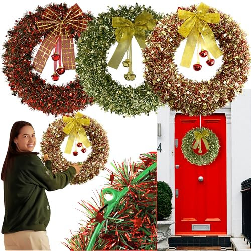 3PCs Christmas Wreath Decorations 40cm - Green, Gold, Red Large Wreaths Decor, Front Door Hanging Wreaths, Artificial Wreath Indoor for Door Window Wall