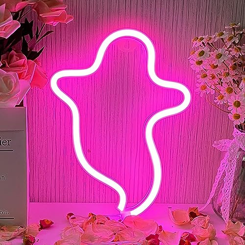 Letrero de Neón Fantasma Neón Fantasma Pink Neon Letrero de neón de fantasma de Halloween Decoración de Pared Funciona con Pilas o USB,Para Dormitorio,Habitación de Niños,Bar,Fiesta,Navidad
