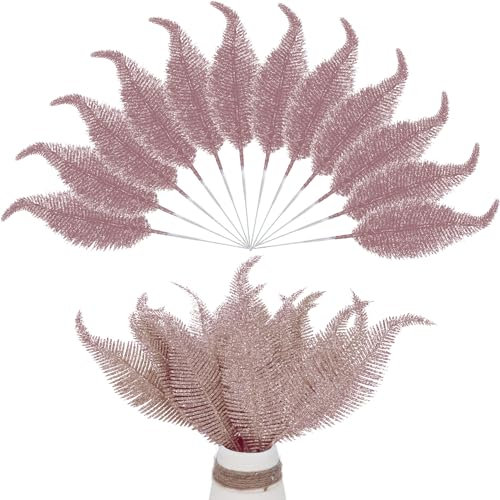 12 Pieces Christmas Tree Feathers Decorations Artificial Glitter Leaves Picks Christmas Giant Baubles Ornament for DIY Accessories Christmas Tree Flower Arrangements Wreath Garland (Rose Gold)