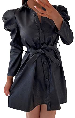 Vestido de Manga Larga con Cuello para Mujer Vestido de Falda de Cuero Delgado con Cordones de un Solo Pecho Vestido Midi Mujer Manga Larga(Negro,L)