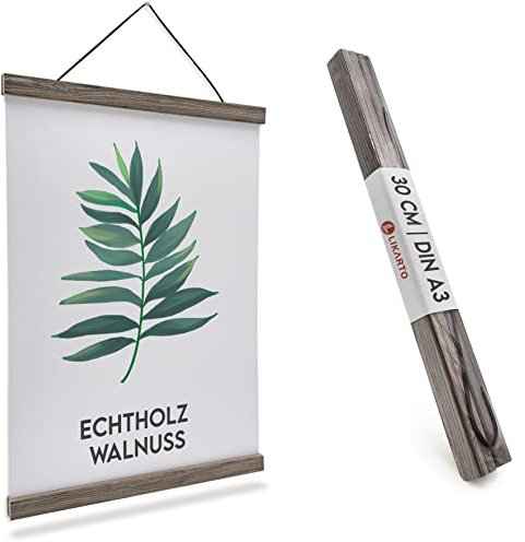 LIKARTO Premium-Posterleiste Holz Walnuss A3 | 30 cm - Hochwertige magnetische Bilderleiste aus Echtholz inklusive Lederband - Einfaches Bilder aufhängen