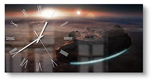 DEQORI Glasuhr | vertikal 60x30 cm | Motiv Millennium Falcon Dunkel | große XXL Design Uhr aus Glas | leise Wanduhr für Wohnzimmer & Küche | Moderne Hingucker Uhr für die Wand