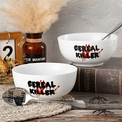 Gerrii 2 Sets Cereal Killer Bowl and Spoon Set 20 oz Cereal Bowl Salad Bowls Spoon Engraved Funny Gift for Kitchen Soup Rice Pasta Salad Oatmeal Lovers