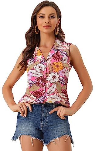 Allegra K Damen Oberteile Sommer Tops Blumen Bluse Ärmellose Strandbluse V-Ausschnitt Hawaiian Shirt Rosa XS
