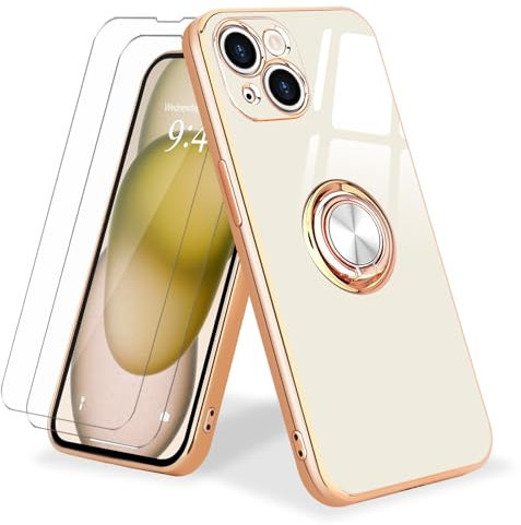 Urarssa for iPhone 15 Case with Ring Holder 360 Degree Rotation Finger Magnetic Car Stand Case Shockproof Plating Silicone Phone Cover for iPhone 15, White