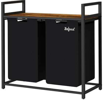 Zelsius Wäschesammler 2 Fächer | Schwarz, 73 x 33 x 72 cm | Wäschekorb mit Ablage, Schmutzwäschebehälter mit Wäschebeutel | Wäschesortierer, Wäschebox, Wäschesack | Wäschesystem, Waschkorb