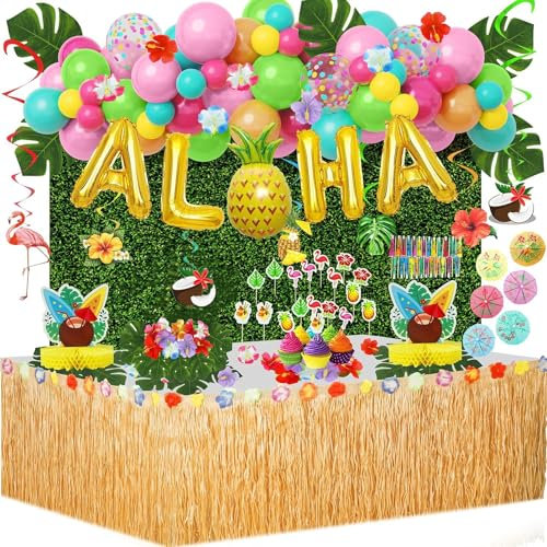 Hawaii Tropische Luau Party Deko 151Pcs Tropischer Sommer Strand Geburtstags Gras Tischrock Hängende Wirbel Luftballon Girlande Honigwaben Mittelstück Hibiskus Palmenblätter CakeTopper