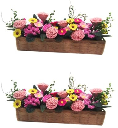 BESTonZON 2pcs Doll House Wooden Potted Flower Plant Mini Bonsai Craft Decor Miniatures Artificial Succulent Pot Fairy Gardens Miniature Wooden Flower Pot Dining Table Window Box