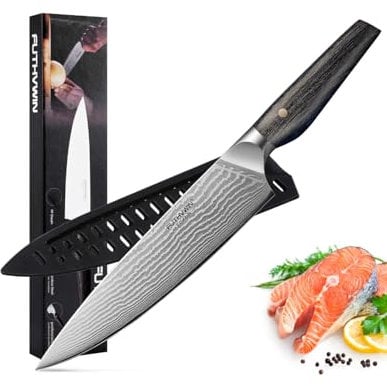 FUTHVWIN Damast Küchenmesser mit Schutzhülle, 20cm Klingenlänge, Ultra Scharfes Kochmesser Profi Messer 67 Schichten Damaststahl Küchenmesser mit Ergonomischer Pakkaholz Griff