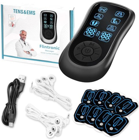 flintronic TENS Gerät Schmerztherapie Reizstromgerät mit 2 Kanäle,TENS/EMS Gerät Schmerztherapie Muskelstimulator, 6 Modi und 11 Intensitäten, für Bein, Rücken, Schulter, Nacken (Schwarz)