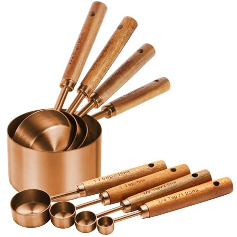 Copper Stainless Steel Measuring Cups and Spoons Set,8 Piece Measuring Cup Set with Wooden Handle and Metric and US Measurements，Copper Polished Finish，for Cooking and Baking in The Kitchen