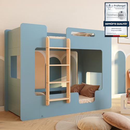 smartwood Etagenbett 2 Kinder 90x180 - Blau - Leiter Links - Hochbett Mimi BL mit Lattenrost & Rausfallschutz für Jungen & Mädchen - Belastbar bis 230 kg