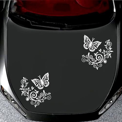 2Pcs Auto Motorhaube Aufkleber Blume Schmetterling Dekorative Aufkleber Universal Vinyl Grafik Aufkleber Auto Dekoration Zubehör für Damen(Weiß)