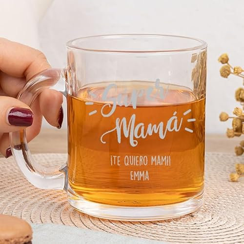 Wanapix | Taza de Cristal Grabada Personalizada | 325cl. | Grabado láser sin color | Regalo Original para madre/abuela | Personalización nombre | Super Mamá