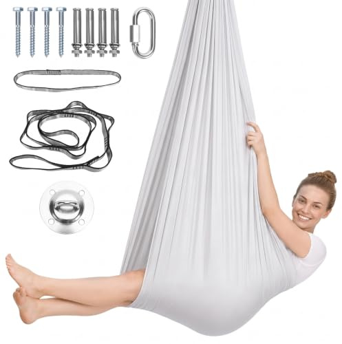 Aerial Yoga hängmatta set, 1,5 x 2,8 m 150 kg max,monteringsutrustning | Yoga hängmatta & swing, mjuk, slitstarkt tyg yoga stretching-fitnessögla för fitness, bodybuilding, silvergrå