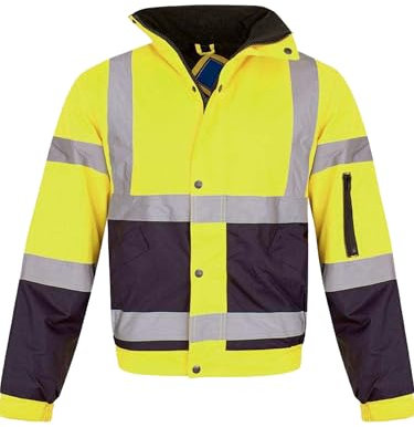 shelikes Hi Vis Viz Visibility Bomber Workwear Security Safety Fluorescent Hooded Padded Waterproof Work Wear Jacket Coat [YELLOW/NAVY L]