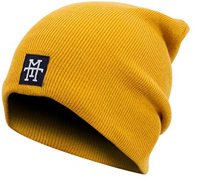 Manufaktur13 Slouch Beanie - Long Beanie Mütze, Strickmütze mit Echt-Leder/Stick Veredelung, Viele Farben zur Auswahl (M13) (Mustard)